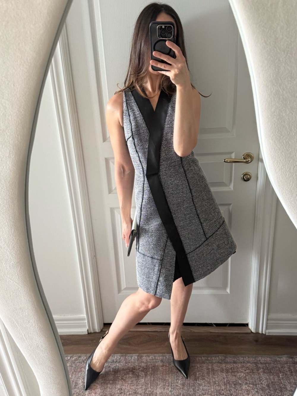 Proenza Schouler Asymmetrical Tweed & Leather Trim Dress